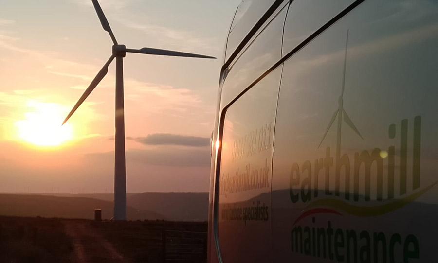 A wind turbine at sunset